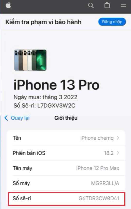 kiểm tra số seri và imei