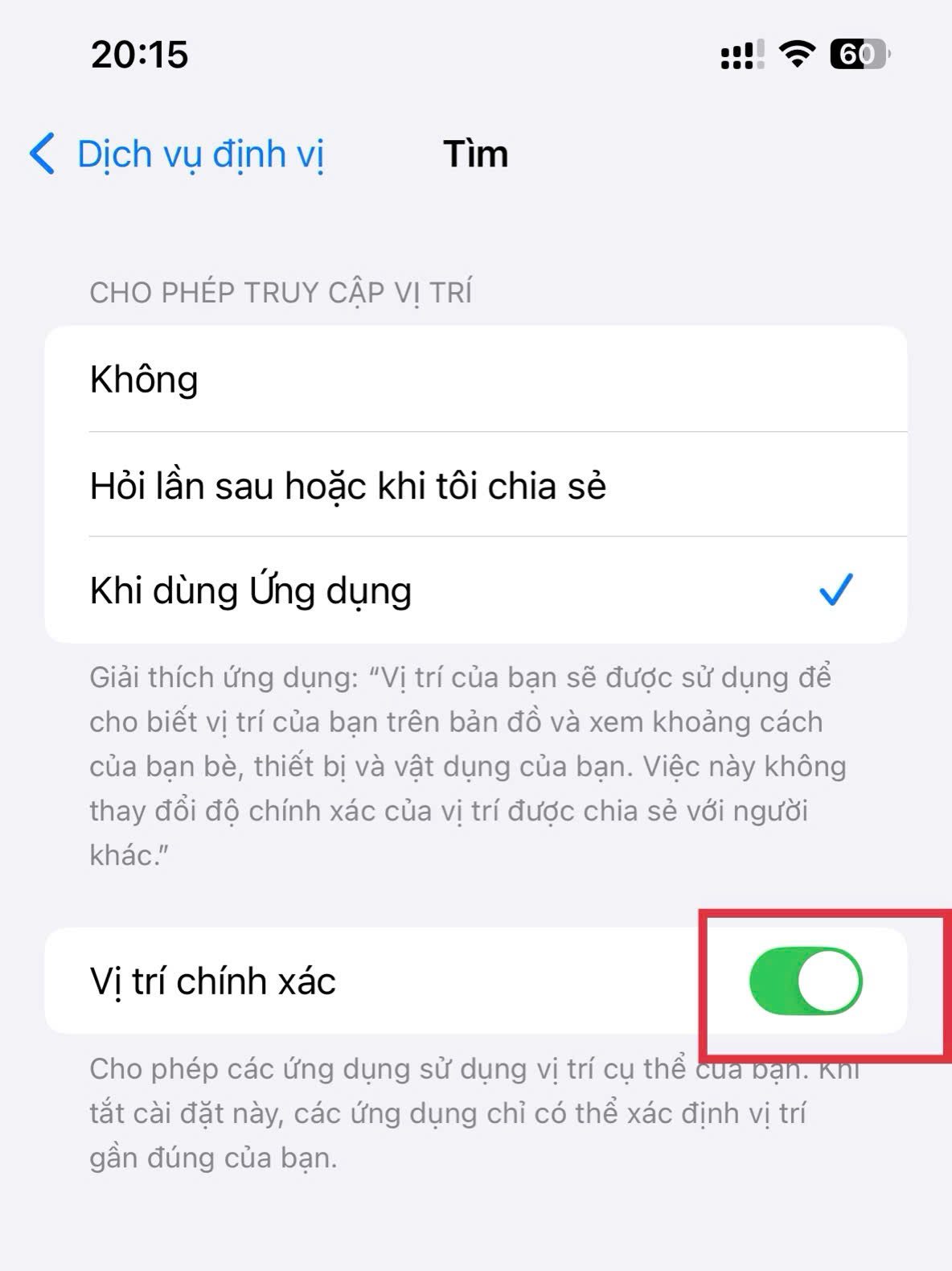 cho phép chia sẻ vị trí