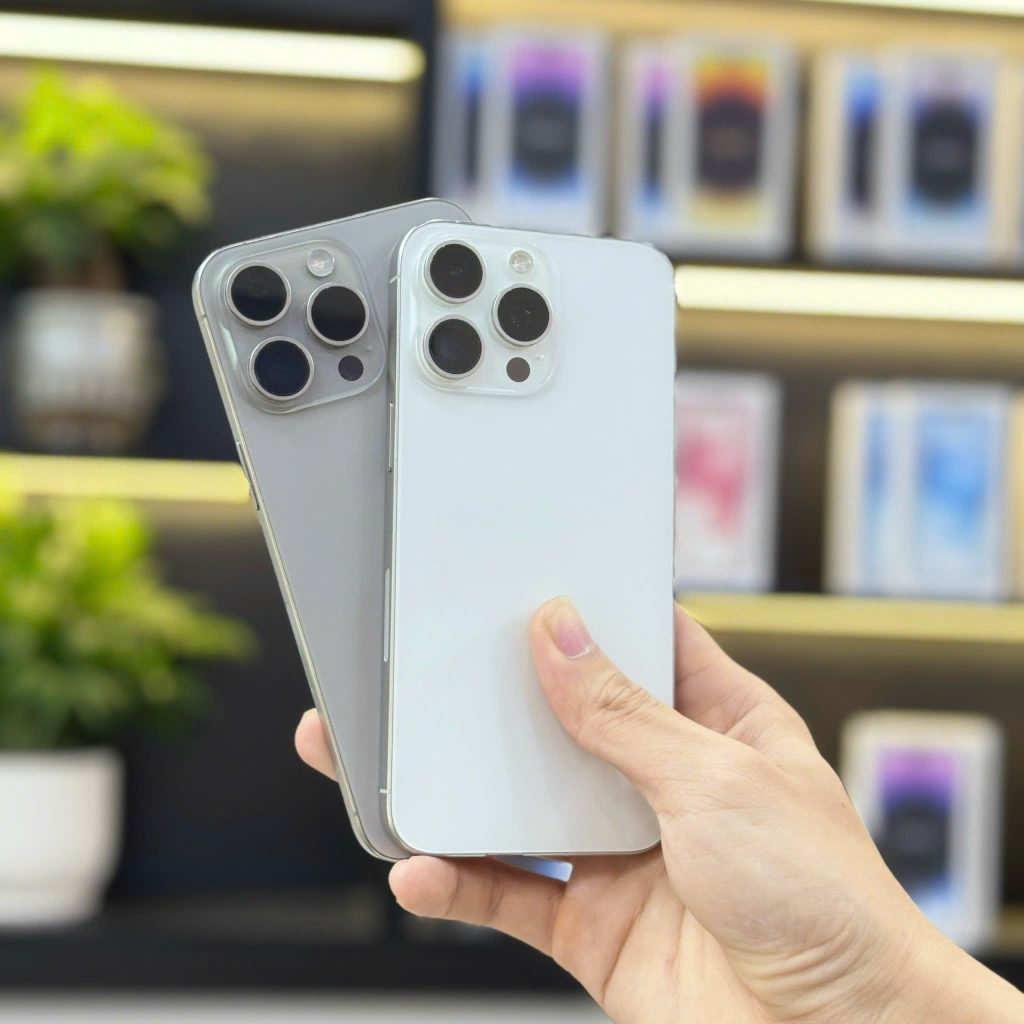 iPhone 15 Pro Max cũ màu bạc và titan trưng bày tại Táo 247 Đà Nẵng