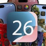 Logo iOS 26 trước ba iPhone hiển thị giao diện mới sau khi cập nhật