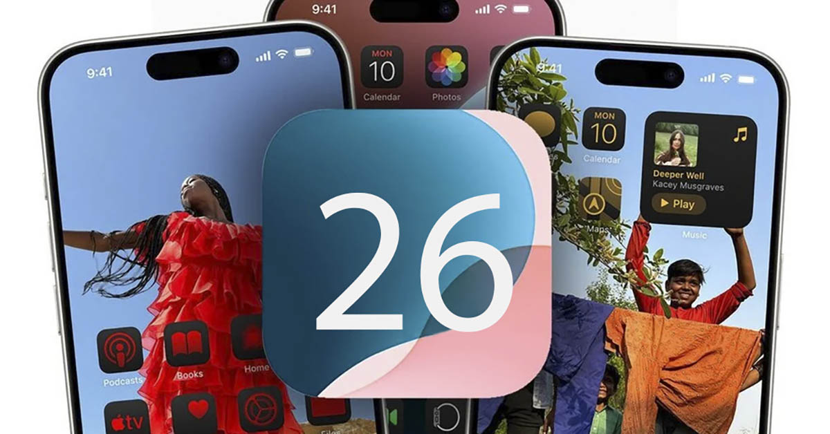Logo iOS 26 trước ba iPhone hiển thị giao diện mới sau khi cập nhật