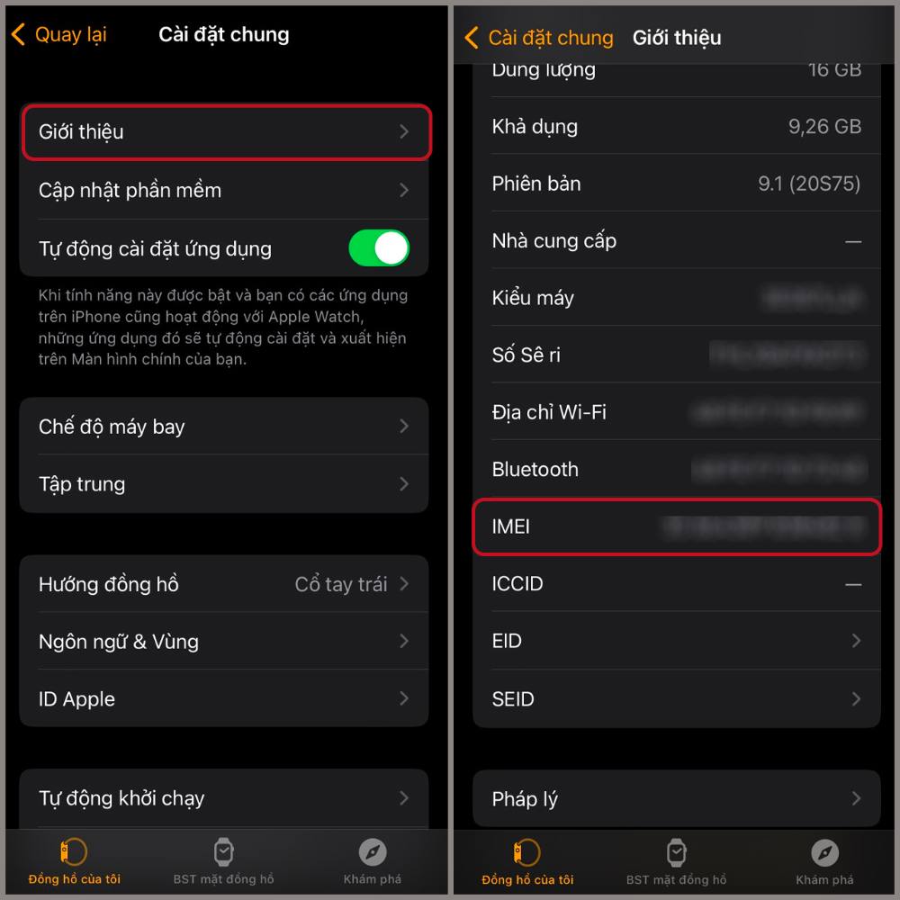 Check IMEI trong cài đặt