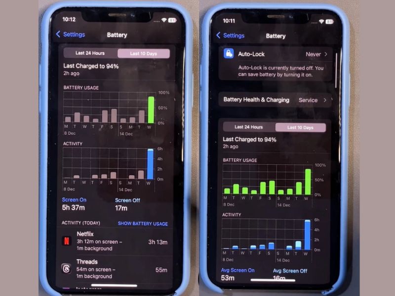 Giao diện iOS 18.7.3 hiển thị biểu đồ pin và hiệu năng trên iPhone, so sánh trước và sau khi cập nhật