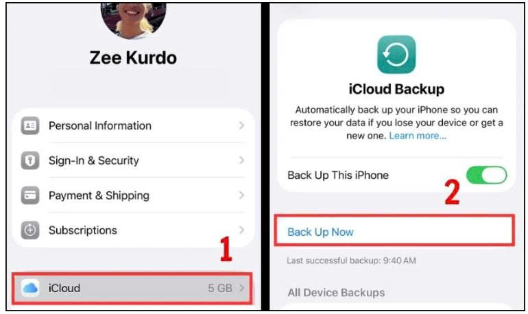 Hướng dẫn bật sao lưu iCloud trên iPhone và nhấn Back Up Now để sao lưu dữ liệu