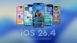 Bốn iPhone hiển thị giao diện iOS 26.4 Release Candidate
