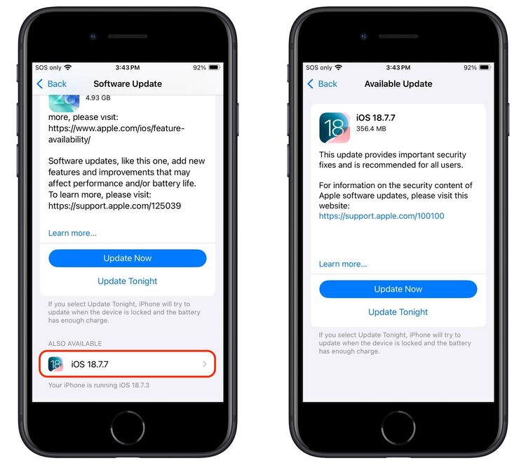 Thông báo cập nhật iOS 18.7.7 trên iPhone từ Apple