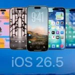 Dãy iPhone hiển thị màn hình khoá và widget mới của iOS 26.5