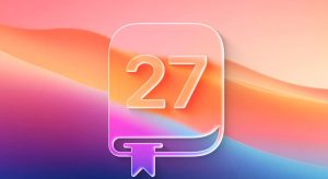 Biểu tượng iOS 27 đặt giữa nền chuyển sắc hồng cam