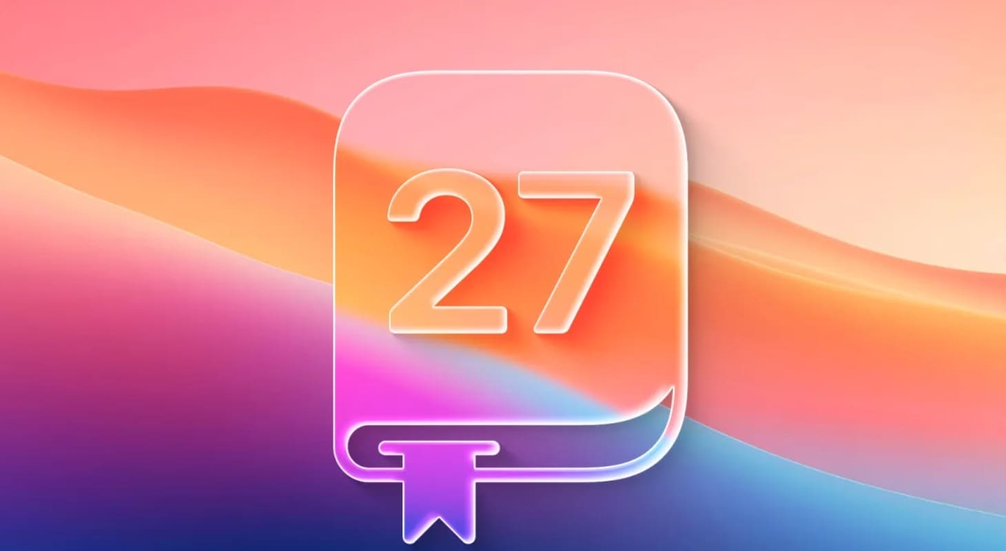 Biểu tượng iOS 27 đặt giữa nền chuyển sắc hồng cam