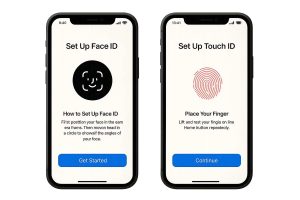 Hai màn hình thiết lập Face ID và Touch ID khi kiểm tra iPhone cũ