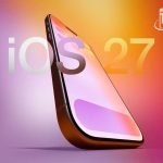 iPhone dựng nghiêng trên nền cam hồng bên dòng chữ iOS 27
