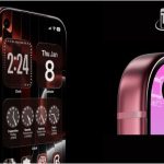 iPhone 18 hiển thị màn hình khoá bên mặt lưng màu hồng trên nền đen