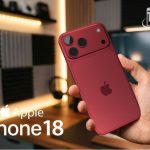 Tay cầm iPhone 18 màu đỏ bên dòng chữ Apple iPhone 18