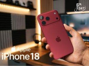 Tay cầm iPhone 18 màu đỏ bên dòng chữ Apple iPhone 18