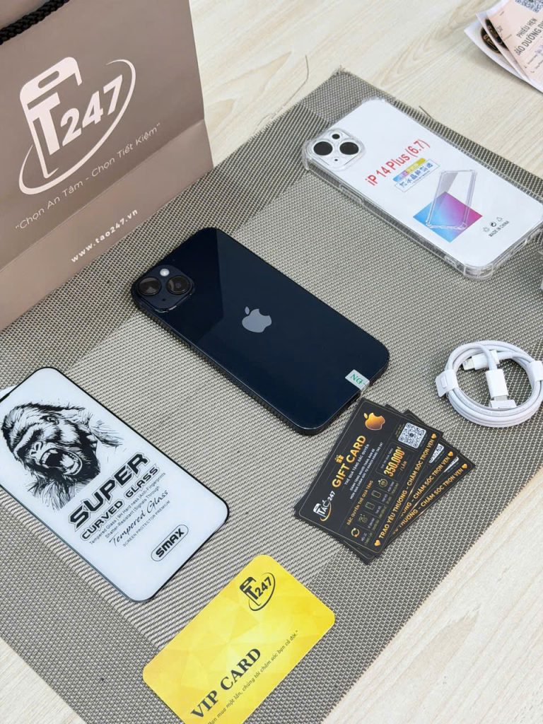 iPhone 14 Plus cũ màu Đen kèm ốp lưng, cáp sạc và cường lực tại Táo 247 Đà Nẵng