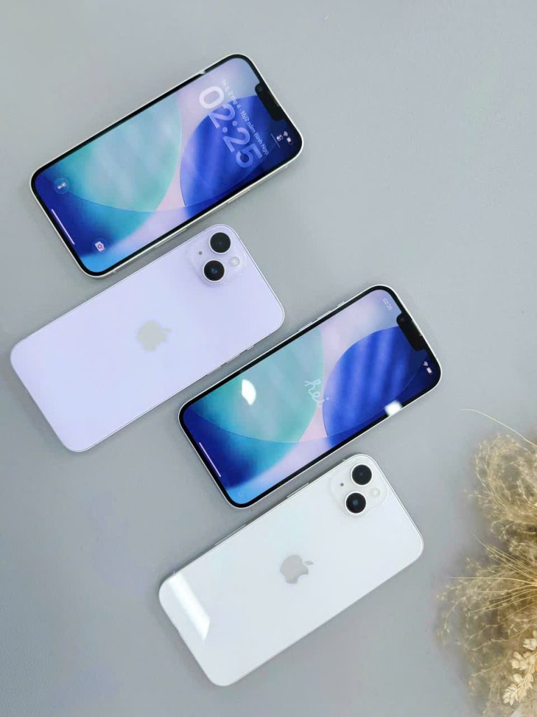 iPhone 14 Plus cũ màu Tím và Trắng mặt trước và mặt lưng nguyên zin tại Táo 247 Đà Nẵng