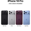 Ảnh dựng bảng màu iPhone 18 Pro: Dark Gray, Silver, Dark Cherry và Light Blue