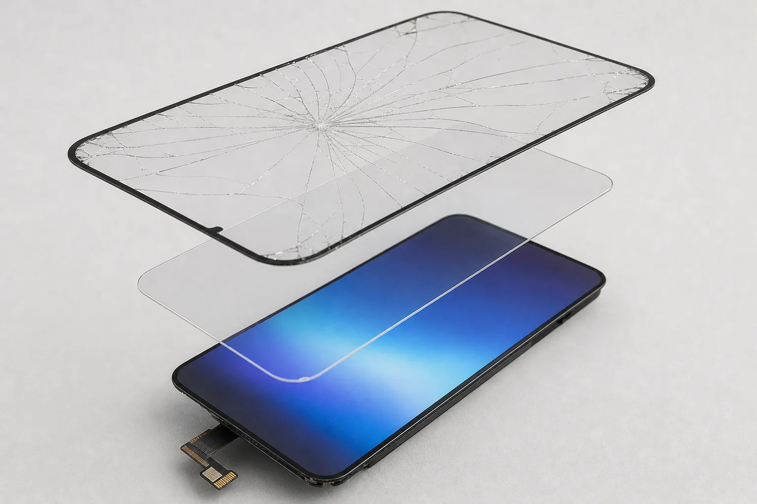 Minh hoạ các lớp màn hình điện thoại: kính trên bị nứt tách khỏi tấm OLED còn nguyên
